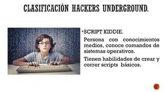 SCRIPT KIDDIE.
Persona con conocimientos
medios, conoce comandos de
sistemas operativos.
Tienen habilidades de crear y
correr scripts básicos.
 