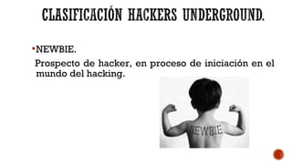 NEWBIE.
Prospecto de hacker, en proceso de iniciación en el
mundo del hacking.
 