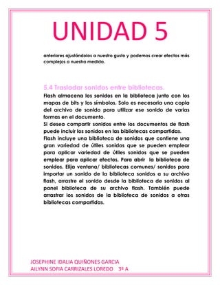 UNIDAD 5
    anteriores ajustándolos a nuestro gusto y podemos crear efectos más
    complejos a nuestra medida.




    5.4 Trasladar sonidos entre bibliotecas.
    Flash almacena los sonidos en la biblioteca junto con los
    mapas de bits y los símbolos. Solo es necesaria una copia
    del archivo de sonido para utilizar ese sonido de varias
    formas en el documento.
    Si desea compartir sonidos entre los documentos de flash
    puede incluir los sonidos en las bibliotecas compartidas.
    Flash incluye una biblioteca de sonidos que contiene una
    gran variedad de útiles sonidos que se pueden emplear
    para aplicar variedad de útiles sonidos que se pueden
    emplear para aplicar efectos. Para abrir la biblioteca de
    sonidos. Elija ventana/ bibliotecas comunes/ sonidos para
    importar un sonido de la biblioteca sonidos a su archivo
    flash, arrastre el sonido desde la biblioteca de sonidos al
    panel biblioteca de su archivo flash. También puede
    arrastrar los sonidos de la biblioteca de sonidos a otras
    bibliotecas compartidas.




JOSEPHINE IDALIA QUIÑONES GARCIA
AILYNN SOFIA CARRIZALES LOREDO 3º A
 