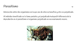Parasitismo 19
Interacción entre dos organismos en la que uno de ellos se beneficia y otro es perjudicado.
Al individuo beneficiado se le llama parásito y al perjudicado huésped.A diferencia de la
depredación en el parasitismo el organismo perjudicado no necesariamente muere.
 