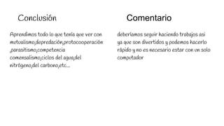 Conclusión Comentario
Aprendimos todo lo que tenía que ver con
mutualismo,depredación,protocooperación
,parasitismo,competencia
comensalismo,ciclos del agua,del
nitrógeno,del carbono,etc...
deberíamos seguir haciendo trabajos asi
ya que son divertidos y podemos hacerlo
rápido y no es necesario estar con un solo
computador
 