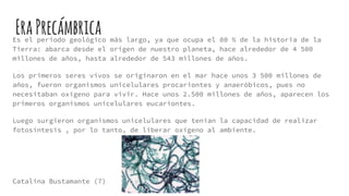 EraPrecámbricaEs el período geológico más largo, ya que ocupa el 80 % de la historia de la
Tierra: abarca desde el origen de nuestro planeta, hace alrededor de 4 500
millones de años, hasta alrededor de 543 millones de años.
Los primeros seres vivos se originaron en el mar hace unos 3 500 millones de
años, fueron organismos unicelulares procariontes y anaeróbicos, pues no
necesitaban oxígeno para vivir. Hace unos 2.500 millones de años, aparecen los
primeros organismos unicelulares eucariontes.
Luego surgieron organismos unicelulares que tenían la capacidad de realizar
fotosíntesis , por lo tanto, de liberar oxígeno al ambiente.
Catalina Bustamante (7)
 