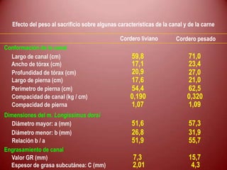 Cordero pesado
Conformación de la canal
Largo de canal (cm)
Ancho de tórax (cm)
Profundidad de tórax (cm)
Dimensiones del m. Longissimus dorsi
Diámetro mayor: a (mm)
Diámetro menor: b (mm)
Relación b / a
Engrasamiento de canal
Valor GR (mm)
Espesor de grasa subcutánea: C (mm)
Cordero liviano
Largo de pierna (cm)
Perímetro de pierna (cm)
Compacidad de canal (kg / cm)
Compacidad de pierna
59,8
17,1
20,9
51,6
26,8
51,9
7,3
2,01
71,0
23,4
27,0
57,3
31,9
55,7
15,7
4,3
17,6
54,4
0,190
21,0
62,5
0,320
1,07 1,09
Efecto del peso al sacrificio sobre algunas características de la canal y de la carne
 