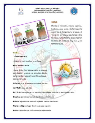 UNIVERSIDAD TÉCNICA DE MACHALA
DIRECCIÓN DE NIVELACIÓN Y ADMISIÓN
SISTEMA NACIONAL DE NIVELACIÓN Y ADMISIÓN
SUELO
Mezcla de minerales, materia orgánica,
bacterias, agua y aire. Se forma por la
acción de la temperatura, el agua, el
viento, los animales y las plantas sobre
las rocas. Estos factores descomponen
las rocas en partículas muy finas y así
forman el suelo.
CLIMA
TEMPERATURA
• Grado de calor que hay en un lugar
PRECIPITACIONES
• Agua de los ríos, lagos y mares se evapora
con el calor y se eleva a la atmosfera donde
se forman las nubes ahí se enfría y el agua
cae nuevamente.
VIENTO: es el movimiento horizontal del aire
ALTITUD: zona alta frías
LATITUD: corresponde a la distancia de cualquier punto de la tierra y el ecuador
Biosfera: porción del planeta donde es posible la vida
Hábitat: lugar donde viven las especies de una comunidad
Nicho ecológico: lugar donde vive cada especie
Bioma: desarrollo de un conjunto de ecosistemas
 