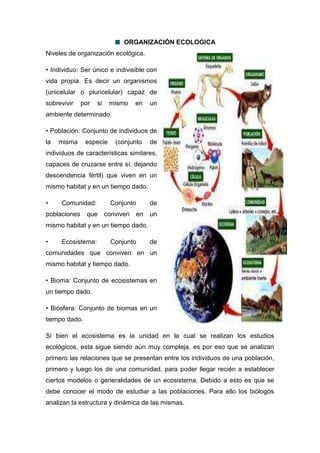 ORGANIZACIÓN ECOLOGICA
Niveles de organización ecológica.
• Individuo: Ser único e indivisible con
vida propia. Es decir un organismos
(unicelular o pluricelular) capaz de
sobrevivir por si mismo en un
ambiente determinado.
• Población: Conjunto de individuos de
la misma especie (conjunto de
individuos de características similares,
capaces de cruzarse entre sí, dejando
descendencia fértil) que viven en un
mismo habitat y en un tiempo dado.
• Comunidad: Conjunto de
poblaciones que conviven en un
mismo habitat y en un tiempo dado.
• Ecosistema: Conjunto de
comunidades que conviven en un
mismo habitat y tiempo dado.
• Bioma: Conjunto de ecosistemas en
un tiempo dado.
• Biósfera: Conjunto de biomas en un
tiempo dado.
Si bien el ecosistema es la unidad en la cual se realizan los estudios
ecológicos, esta sigue siendo aún muy compleja, es por eso que se analizan
primero las relaciones que se presentan entre los individuos de una población,
primero y luego los de una comunidad, para poder llegar recién a establecer
ciertos modelos o generalidades de un ecosistema. Debido a esto es que se
debe conocer el modo de estudiar a las poblaciones. Para ello los biólogos
analizan la estructura y dinámica de las mismas.
 