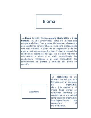 Bioma
Un bioma también llamado paisaje bioclimático o áreas
bióticas es una determinada parte del planeta que
comparte el clima, flora y fauna. Un bioma es el conjunto
de ecosistemas característicos de una zona biogeográfica
que está definido a partir de su vegetación y de las
especies animales que predominan. Es la expresión de las
condiciones ecológicas del lugar en el plano regional o
continental: el clima y el suelo determinarán las
condiciones ecológicas a las que responderán las
comunidades de plantas y animales del bioma en
cuestión
Ecosistema
Un ecosistema es un
sistema natural que está
formado por un conjunto
de organismos
vivos (biocenosis) y el
medio físico donde se
relacionan (biotopo). Un
ecosistema es una unidad
compuesta de organismos
interdependientes que
comparten el
mismo hábitat.
 