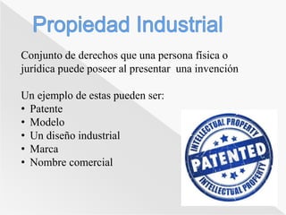 Conjunto de derechos que una persona física o 
jurídica puede poseer al presentar una invención 
Un ejemplo de estas pueden ser: 
• Patente 
• Modelo 
• Un diseño industrial 
• Marca 
• Nombre comercial 
 