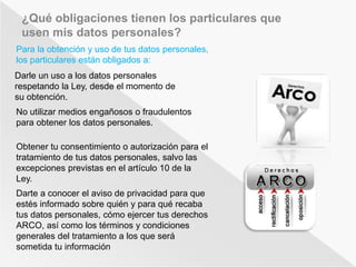 ¿Qué obligaciones tienen los particulares que 
usen mis datos personales? 
Para la obtención y uso de tus datos personales, 
los particulares están obligados a: 
Darle un uso a los datos personales 
respetando la Ley, desde el momento de 
su obtención. 
No utilizar medios engañosos o fraudulentos 
para obtener los datos personales. 
Obtener tu consentimiento o autorización para el 
tratamiento de tus datos personales, salvo las 
excepciones previstas en el artículo 10 de la 
Ley. 
Darte a conocer el aviso de privacidad para que 
estés informado sobre quién y para qué recaba 
tus datos personales, cómo ejercer tus derechos 
ARCO, así como los términos y condiciones 
generales del tratamiento a los que será 
sometida tu información 
 