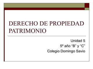 DERECHO DE PROPIEDAD PATRIMONIO Unidad 5 5º año “B” y “C” Colegio Domingo Savio 