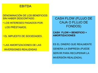 EBITDA DENOMINACIÓN DE LOS BENEFICIOS SIN HABER DESCONTADO: LOS INTERESES PAGADOS POR  LOS PRÉSTAMOS. EL IMPUESTO DE SOCIEDADES. LAS AMORTIZACIONES DE LAS  INVERSIONES REALIZADAS  CASH FLOW (FLUJO DE CAJA O FLUJO DE FONDOS) CASH  FLOW = BENEFICIO + AMORTIZACIONES ES EL DINERO QUE REALMENTE GENERA LA EMPRESA (PUEDE SERVIR PARA RECUPERAR LA INVERSIÓN REALIZADA). 