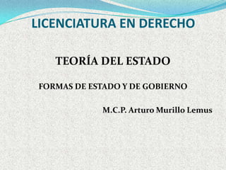 LICENCIATURA EN DERECHO

    TEORÍA DEL ESTADO

 FORMAS DE ESTADO Y DE GOBIERNO

             M.C.P. Arturo Murillo Lemus
 