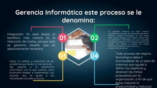 04
01
03
02
Gerencia Informática este proceso se le
denomina:
En segunda instancia se logra mejorar
notablemente el grado de satisfacción del cliente.
Efectuar cambios tecnológicos no sólo quiere
decir renovar equipos sino también mejorar toda
la plataforma informática de una compañía.
Actualmente existen en el mercado productos de
gestión que ayudan a mejorar los niveles
deservicio y atención a los recursos y
usuarios de la empresa.
Todo proceso de mejora
tecnológica debe ir
acompañado de un plan de
sistemas que ayude a
definir los objetivos y,
alcanzar las metas
propuestas por la
organización, a fin de que
éstas mejoren la
productividad y reduzcan
Integración. En esta etapa, el
beneficio más notorio es la
reducción de costos, porque solo
se gestiona aquello que es
absolutamente necesario
Hacer un análisis y evaluación de los
problemas que tienen al momento de
dar soporte a la plataforma
informática con la que cuentan, para
finalmente diseñar e implementar una
solución que se ajuste a las
necesidades actuales y futuras.
 