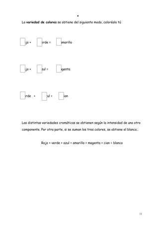 •

La variedad de colores se obtiene del siguiente modo, coloréalo tú




Rojo +      verde =       amarillo




Rojo +      azul =      magenta




Verde +        azul =      cian




Las distintas variedades cromáticas se obtienen según la intensidad de uno otro

componente. Por otra parte, si se suman los tres colores, se obtiene el blanco;.



             Rojo + verde + azul + amarillo + magenta + cian = blanco




                                                                                   11
 