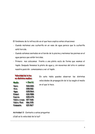 El fenómeno de la refracción es el que hace explica estas situaciones:

   – Cuando metemos una cucharilla en un vaso de agua parece que la cucharilla

      está torcida.

   – Cuando estamos sentados en el borde de la piscina y metemos las piernas en el

      agua parece que están torcidas.

   – Primero nos colocamos frente a una pileta vacía de forma que veamos el

      tapón. Después llenamos la pileta de agua y, sin movernos del sitio ni cambiar

      nuestra posición comenzamos a ver el tapón.


                                    En esta tabla puedes observar las distintas

                                    velocidades de propagación de la luz según el medio

                                    en el que lo hace.




   Actividad 2: Contesta a estas preguntas

   ¿Cuál es la velocidad de la luz?
_____________________________________________________________________________________________



                                                                                            4
 