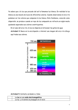 Ya sabes que a la luz que procede del sol la llamamos luz blanca. En realidad la luz

blanca es una mezcla de luces de diferentes colores. Cuando observamos el arco iris

podemos ver los colores que componen la luz blanca. Este fenómeno, conocido como

dispersión, se produce cuando un rayo de luz compuesta se refracta en algún medio

quedando separados sus colores constituyentes.

   En el caso del arco iris, la luz se dispersa al atravesar las gotas de agua

   Actividad 4: Busca en la enciclopedia o internet una imagen del arco iris dibuja

   aquí todos sus colores.




   Actividad 5. Contesta verdadero o falso

         La luz es una onda electromagnética
         La luz y el sonido se propagan en el vacío


                                                                                   6
 