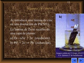 11
Ejemplo: Zn + Pb(NOEjemplo: Zn + Pb(NO33))22
Al introducir una lámina de cinc
en una disolución de Pb(NO3)2.
La lámina de Zn se recubre de
una capa de plomo:
a) Zn →Zn2+
+ 2e–
(oxidación)
b) Pb2+
+ 2e–
→ Pb (reducción).
Imagen cedida por © Grupo ANAYA
S.A. Química 2º de bachillerrato
 