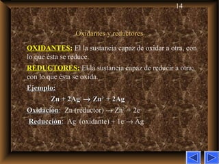 14
Oxidantes y reductoresOxidantes y reductores
OXIDANTES: El la sustancia capaz de oxidar a otra, con
lo que ésta se reduce.
REDUCTORES: El la sustancia capaz de reducir a otra,
con lo que ésta se oxida.
Ejemplo:Ejemplo:
Zn + 2AgZn + 2Ag++
  →→ Zn Zn2+2+
 + 2Ag + 2Ag
OxidaciónOxidación: Zn (reductor) → Zn2+
+ 2e–
ReducciónReducción: Ag+
(oxidante) + 1e–
→ Ag
 