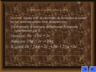 18
Etapas en el ajuste redox (cont).Etapas en el ajuste redox (cont).
Tercera:Tercera: Ajustar el nº de electrones de forma que al sumar
las dos semirreacciones, éstos desaparezcan.
En el ejemplo se consigue multiplicando la segunda
semirreacción por 2.
OxidaciónOxidación: Zn → Zn2+
+ 2e–
ReducciónReducción: 2Ag+
+ 2e–
→ 2Ag
R. globalR. global:: Zn + 2Ag+
+ 2e–
→ Zn2+
+ 2Ag + 2e–
 