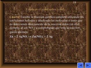 19
Etapas en el ajuste redox (cont).Etapas en el ajuste redox (cont).
Cuarta:Cuarta: Escribir la reacción química completa utilizando los
coeficientes hallados y añadiendo las moléculas o iones que
no intervienen directamente en la reacción redox (en el el
ejemplo, el ion NO3
–
) y comprobando que toda la reacción
queda ajustada:
Zn + 2 AgNOZn + 2 AgNO33 →→ Zn(NOZn(NO33))22 + 2 Ag+ 2 Ag
 