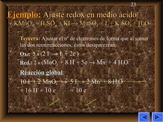 23
Ejemplo:Ejemplo: Ajuste redox en medio ácidoAjuste redox en medio ácido
KMnOKMnO44 + H+ H22SOSO44 + KI+ KI →→ MnSOMnSO44 + I+ I22 + K+ K22SOSO44 + H+ H22OO
Tercera:Tercera: Ajustar el nº de electrones de forma que al sumar
las dos semirreacciones, éstos desaparezcan:
Ox.Ox.: 5 x (2 I–
→ I2 + 2e–
)
Red.Red.: 2 x (MnO4
–
+ 8 H+
+ 5e–
→ Mn2+
+ 4 H2O
Reacción globalReacción global:
10 I–
+ 2 MnO4
–
→ 5 I2 + 2 Mn2+
+ 8 H2O
+ 16 H+
+ 10 e–
+ 10 e–
 