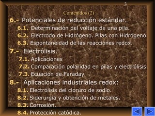 3
Contenidos (2)Contenidos (2)
6.- Potenciales de reducción estándar.
6.1.  Determinación del voltaje de una pila.
6.2.  Electrodo de Hidrógeno. Pilas con Hidrógeno
6.3. Espontaneidad de las reacciones redox.
7.-   Electrólisis.
7.1. Aplicaciones
7.2. Comparación polaridad en pilas y electrólisis.
7.3. Ecuación de Faraday
8.-   Aplicaciones industriales redox:
8.1. Electrólisis del cloruro de sodio.
8.2. Siderurgia y obtención de metales.
8.3. Corrosión.
8.4. Protección catódica.
 