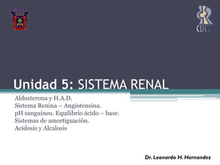 Unidad 5: SISTEMA RENAL
Aldosterona y H.A.D.
Sistema Renina – Angiotensina.
pH sanguíneo. Equilibrio ácido – base.
Sistemas de amortiguación.
Acidosis y Alcalosis



                                         Dr. Leonardo H. Hernandez
 