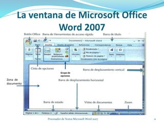 La ventana de Microsoft Office
Word 2007
Grupo de
opciones
Zona de
documento
11Procesador de Textos Microsoft Word 2007
 