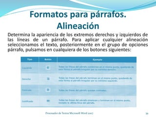 Determina la apariencia de los extremos derechos y izquierdos de
las líneas de un párrafo. Para aplicar cualquier alineación
seleccionamos el texto, posteriormente en el grupo de opciones
párrafo, pulsamos en cualquiera de los botones siguientes:
Formatos para párrafos.
Alineación
39Procesador de Textos Microsoft Word 2007
 