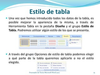 Estilo de tabla
 Una vez que hemos introducido todos los datos de la tabla, es
posible mejorar la apariencia de la misma, a través de
Herramienta Tabla en la pestaña Diseño y el grupo Estilo de
Tabla. Podremos utilizar algún estilo de los que se presenta.
 A través del grupo Opciones de estilo de tabla podemos elegir
a qué parte de la tabla queremos aplicarle o no el estilo
elegido.
75Procesador de Textos Microsoft Word 2007
 