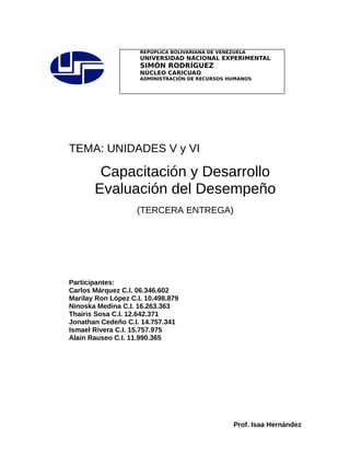 REPÚPLICA BOLIVARIANA DE VENEZUELA
                     UNIVERSIDAD NACIONAL EXPERIMENTAL
                     SIMÓN RODRÍGUEZ
                     NÚCLEO CARICUAO
                     ADMINISTRACIÓN DE RECURSOS HUMANOS




TEMA: UNIDADES V y VI

        Capacitación y Desarrollo
       Evaluación del Desempeño
                    (TERCERA ENTREGA)




Participantes:
Carlos Márquez C.I. 06.346.602
Marilay Ron López C.I. 10.498.879
Ninoska Medina C.I. 16.263.363
Thairis Sosa C.I. 12.642.371
Jonathan Cedeño C.I. 14.757.341
Ismael Rivera C.I. 15.757.975
Alain Rauseo C.I. 11.990.365




                                                   Prof. Isaa Hernández
 