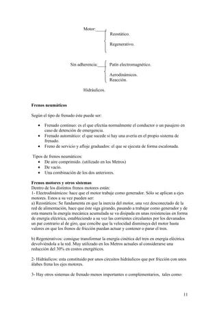 Motor:_____
                                             Reostático.

                                             Regenerativo.



                      Sin adherencia:____ Patín electromagnético.

                                            Aerodinámicos.
                                            Reacción.

                             Hidráulicos.


Frenos neumáticos

Según el tipo de frenado éste puede ser:

   •   Frenado continuo: es el que efectúa normalmente el conductor o un pasajero en
       caso de detención de emergencia.
   •   Frenado automático: el que sucede si hay una avería en el propio sistema de
       frenado.
   •   Freno de servicio y afloje graduados: el que se ejecuta de forma escalonada.

Tipos de frenos neumáticos:
   • De aire comprimido. (utilizado en los Metros)
   • De vacío.
   • Una combinación de los dos anteriores.

Frenos motores y otros sistemas
Dentro de los distintos frenos motores están:
1- Electrodinámicos: hace que el motor trabaje como generador. Sólo se aplican a ejes
motores. Estos a su vez pueden ser:
a) Reostáticos: Se fundamenta en que la inercia del motor, una vez desconectado de la
red de alimentación, hace que éste siga girando, pasando a trabajar como generador y de
esta manera la energía mecánica acumulada se va disipada en unas resistencias en forma
de energía eléctrica, estableciendo a su vez las corrientes circulantes por los devanados
un par contrario al de giro, que concibe que la velocidad disminuya del motor hasta
valores en que los frenos de fricción puedan actuar y contener o parar el tren.

b) Regenerativos: consigue transformar la energía cinética del tren en energía eléctrica
devolviéndola a la red. Muy utilizado en los Metros actuales al considerarse una
reducción del 30% en costos energéticos.

2- Hidráulicos: esta constituido por unos circuitos hidráulicos que por fricción con unos
álabes frena los ejes motores.

3- Hay otros sistemas de frenado menos importantes o complementarios, tales como:



                                                                                       11
 