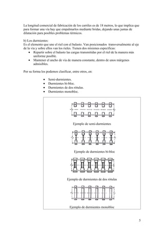 La longitud comercial de fabricación de los carriles es de 18 metros, lo que implica que
para formar una vía hay que empalmarlos mediante bridas, dejando unas juntas de
dilatación para posibles problemas térmicos.

b) Los durmientes:
Es el elemento que une el riel con el balasto. Van posicionados transversalmente al eje
de la vía y sobre ellos van los rieles. Tienen dos misiones específicas:
    • Repartir sobre el balasto las cargas transmitidas por el riel de la manera más
        uniforme posible.
    • Mantener el ancho de vía de manera constante, dentro de unos márgenes
        admisibles.

Por su forma los podemos clasificar, entre otros, en:

               •   Semi-durmientes.
               •   Durmientes bi-bloc.
               •   Durmientes de dos rótulas.
               •   Durmientes monobloc.




                                      Ejemplo de semi-durmientes




                                      Ejemplo de durmientes bi-bloc




                                 Ejemplo de durmientes de dos rótulas




                                   Ejemplo de durmientes monobloc



                                                                                          5
 