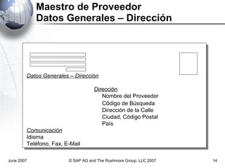 Maestro de Proveedor  Datos Generales – Dirección June 2007 © SAP AG and The Rushmore Group, LLC 2007 Datos Generales – Dirección Dirección     Nombre del Proveedor   C ó digo de Búsqueda   Dirección de la Calle    Ciudad, Código Postal   País Comunicación Idioma Teléfono, Fax, E-Mail 