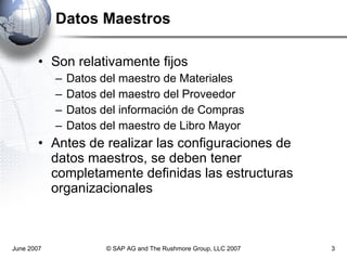 Datos Maestros  Son relativamente fijos Datos del maestro de Materiales Datos del maestro del Proveedor Datos del información de Compras Datos del maestro de Libro Mayor  Antes de realizar las configuraciones de datos maestros, se deben tener completamente definidas las estructuras organizacionales June 2007 © SAP AG and The Rushmore Group, LLC 2007 