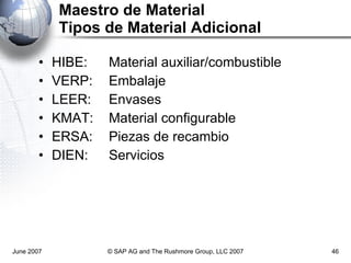 Maestro de Material Tipos de Material Adicional HIBE:  Material auxiliar/combustible VERP: Embalaje LEER: Envases KMAT:  Material configurable ERSA: Piezas de recambio DIEN: Servicios June 2007 © SAP AG and The Rushmore Group, LLC 2007 