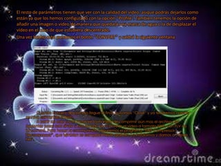 •   El resto de parámetros tienen que ver con la calidad del vídeo, asique podrás dejarlos como
    están ya que los hemos configurado con la opción “Profile”. Tambien tenemos la opción de
    añadir una imagen o vídeo de manera que quedará una marca de agua o la de desplazar el
    vídeo en el caso de que estubiera descentrado.
•   Una vez hecho esto pulsamos el botón “CONVERT” y saldrá la siguiente ventana




               Cuando la barra de proceso llegue al final, pulsamos “Close” y ya tendremos nuestro
        archivo convertido a flash.
               A partir de este punto mostraré la manera de comprimir aún mas el archivo, los
        siguientes pasos solo sirven si has optado por convertir el vídeo a formato SWF, con FLV no
        funcionará. Para hacer la commpresión utilizaremos el prográma “SWF Compressor-
        Decompressor”, que tambien es completamente gratuito. Lo instalamos y damos a “Open
        File”.
 