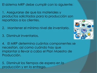 El sistema MRP debe cumplir con lo siguiente:
1. Asegurarse de que los materiales y
productos solicitados para la producción son
repartidos a los clientes.

2. Mantener el mínimo nivel de inventario.
3. Disminuir inventarios.

4. El MRP determina cuántos componentes se
necesitan, así como cuándo hay que
implantar o llevar a cabo el Plan Maestro de
Producción.
5. Disminuir los tiempos de espera en la
producción y en la entrega.

 