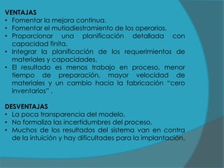 VENTAJAS
• Fomentar la mejora continua.
• Fomentar el mutiadiestramiento de los operarios.
• Proporcionar una planificación detallada con
capacidad finita.
• Integrar la planificación de los requerimientos de
materiales y capacidades.
• El resultado es menos trabajo en proceso, menor
tiempo de preparación, mayor velocidad de
materiales y un cambio hacia la fabricación “cero
inventarios” .
DESVENTAJAS
• La poca transparencia del modelo.
• No formaliza las incertidumbres del proceso.
• Muchos de los resultados del sistema van en contra
de la intuición y hay dificultades para la implantación.

 
