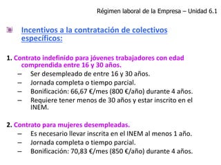 Incentivos a la contratación de colectivos
específicos:
1. Contrato indefinido para jóvenes trabajadores con edad
comprendida entre 16 y 30 años.
– Ser desempleado de entre 16 y 30 años.
– Jornada completa o tiempo parcial.
– Bonificación: 66,67 €/mes (800 €/año) durante 4 años.
– Requiere tener menos de 30 años y estar inscrito en el
INEM.
2. Contrato para mujeres desempleadas.
– Es necesario llevar inscrita en el INEM al menos 1 año.
– Jornada completa o tiempo parcial.
– Bonificación: 70,83 €/mes (850 €/año) durante 4 años.
Régimen laboral de la Empresa – Unidad 6.1
 