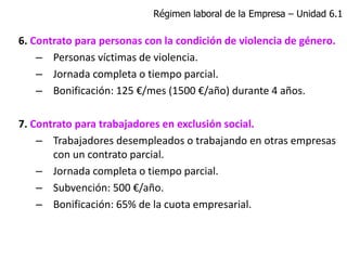 6. Contrato para personas con la condición de violencia de género.
– Personas víctimas de violencia.
– Jornada completa o tiempo parcial.
– Bonificación: 125 €/mes (1500 €/año) durante 4 años.
7. Contrato para trabajadores en exclusión social.
– Trabajadores desempleados o trabajando en otras empresas
con un contrato parcial.
– Jornada completa o tiempo parcial.
– Subvención: 500 €/año.
– Bonificación: 65% de la cuota empresarial.
Régimen laboral de la Empresa – Unidad 6.1
 