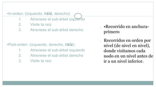 •In-orden: (izquierdo, raíz, derecho):
1. Atraviese el sub-árbol izquierdo
2. Visite la raíz
3. Atraviese el sub-árbol derecho
•Post-orden: (izquierdo, derecho, raíz);
1. Atraviese el sub-árbol izquierdo
2. Atraviese el sub-árbol derecho
3. Visite la raíz
 •Recorrido en anchura-
primero
 Recorridos en orden por
nivel (de nivel en nivel),
donde visitamos cada
nodo en un nivel antes de
ir a un nivel inferior.
 