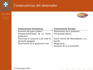 Micro y Macro
Jos´e David
Sol´orzano
II Cuatrimestre 2013
Consecuencias del desempleo
Consecuencias Econ´omicas Consecuencias Sociales
Aumento del gasto p´ublico Descontento de la poblaci´on
Desaprovechamiento de un factor
productivo
Precariedad laboral
Disminuye el consumo y por ende la
demanda agregada
Salud mental del desempleado y su
familia
Disminuci´on de la producci´on real Marginaci´on
Aumento de la criminalidad
 