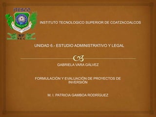 GABRIELA VARA GÁLVEZ
FORMULACIÓN Y EVALUACIÓN DE PROYECTOS DE
INVERSIÓN
M. I. PATRICIA GAMBOA RODRÍGUEZ
 