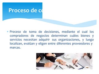 Proceso de compra de negocios
 Proceso de toma
de
de decisiones, mediante el cual los
compradores negocios determinan cuá...