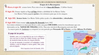 Etapas de la Reconquista
 Hasta el siglo XI: avance lento. Poco más al sur de la línea del Duero. ( Califato fuerte)
 Siglo XI: Avance rápido se llega al Tajo debido a debilidad de los Reinos Taifas.
- Los Reinos Taifas pagarán parias a los cristianos para que no les ataquen.
 Siglo XII: Avance lento. Los Reino Taifas piden ayuda a los almorávides y almohades..
 Siglo XIII: Gran avance: sólo resiste R. Granada hasta 1492
Los reinos cristianos se unen para llevar a cabo una gran CRUZADA contra los musulmanes que son
derrotados en las NAVAS DE TOLOSA (1212). Tras esta victoria la Reconquista será más fácil.
- La mayor parte de Andalucía se conquistó en este periodo por Fernando III el Santo y su hijo Alfonso X el Sabio.
1. ORIGEN DE LOS REINOS CRISTIANOS
 