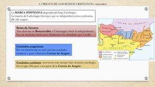 La MARCA HISPÁNICA dependía del Imp. Carolingio.
La muerte de Carlomagno favorece que se independicen estos territorios.
De ella surgen:
Reino de Navarra:
Tras derrotar en Roncesvalles a Carlomagno inicia la independencia.
Fue un territorio fuerte pero finalmente fue absorbido por Castilla.
Condados aragoneses:
Por un matrimonio se unió con los condados
catalanes y pasó a llamarse Corona de Aragón.
Condados catalanes: estuvieron más tiempo bajo dominio carolingio..
En el siglo XII pasó a ser parte de la Corona de Aragón.
1. ORIGEN DE LOS REINOS CRISTIANOS ( orientales)
 