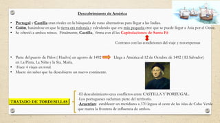 • Portugal y Castilla eran rivales en la búsqueda de rutas alternativas para llegar a las Indias.
• Colón, basándose en que la tierra era redonda y calculando que era más pequeña cree que se puede llegar a Asia por el Oeste.
• Se ofreció a ambos reinos. Finalmente, Castilla, firma con él las Capitulaciones de Santa Fé
• Parte del puerto de Palos ( Huelva) en agosto de 1492 Llega a América el 12 de Octubre de 1492 ( El Salvador)
en La Pinta, La Niña y la Sta. María.
• Hace 4 viajes en total.
• Muere sin saber que ha descubierto un nuevo continente.
Descubrimiento de América
Contrato con las condiciones del viaje y recompensas
TRATADO DE TORDESILLAS
-El descubrimiento crea conflictos entre CASTILLA Y PORTUGAL.
-Los portugueses reclaman parte del territorio.
-Acuerdan: establecer un meridiano a 370 leguas al oeste de las islas de Cabo Verde
que marca la frontera de influencia de ambos.
 