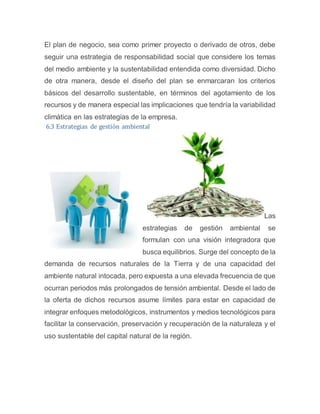 El plan de negocio, sea como primer proyecto o derivado de otros, debe
seguir una estrategia de responsabilidad social que considere los temas
del medio ambiente y la sustentabilidad entendida como diversidad. Dicho
de otra manera, desde el diseño del plan se enmarcaran los criterios
básicos del desarrollo sustentable, en términos del agotamiento de los
recursos y de manera especial las implicaciones que tendría la variabilidad
climática en las estrategias de la empresa.
6.3 Estrategias de gestión ambiental
Las
estrategias de gestión ambiental se
formulan con una visión integradora que
busca equilibrios. Surge del concepto de la
demanda de recursos naturales de la Tierra y de una capacidad del
ambiente natural intocada, pero expuesta a una elevada frecuencia de que
ocurran periodos más prolongados de tensión ambiental. Desde el lado de
la oferta de dichos recursos asume límites para estar en capacidad de
integrar enfoques metodológicos, instrumentos y medios tecnológicos para
facilitar la conservación, preservación y recuperación de la naturaleza y el
uso sustentable del capital natural de la región.
 