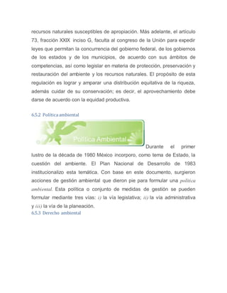 recursos naturales susceptibles de apropiación. Más adelante, el artículo
73, fracción XXIX inciso G, faculta al congreso de la Unión para expedir
leyes que permitan la concurrencia del gobierno federal, de los gobiernos
de los estados y de los municipios, de acuerdo con sus ámbitos de
competencias, así como legislar en materia de protección, preservación y
restauración del ambiente y los recursos naturales. El propósito de esta
regulación es lograr y amparar una distribución equitativa de la riqueza,
además cuidar de su conservación; es decir, el aprovechamiento debe
darse de acuerdo con la equidad productiva.
6.5.2 Política ambiental
Durante el primer
lustro de la década de 1980 México incorporo, como tema de Estado, la
cuestión del ambiente. El Plan Nacional de Desarrollo de 1983
institucionalizo esta temática. Con base en este documento, surgieron
acciones de gestión ambiental que dieron pie para formular una política
ambiental. Esta política o conjunto de medidas de gestión se pueden
formular mediante tres vías: i) la vía legislativa; ii) la vía administrativa
y iii) la vía de la planeación.
6.5.3 Derecho ambiental
 