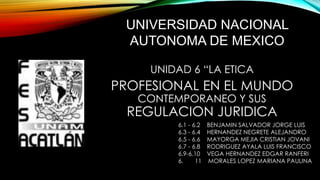 UNIDAD 6 “LA ETICA
PROFESIONAL EN EL MUNDO
CONTEMPORANEO Y SUS
REGULACION JURIDICA
UNIVERSIDAD NACIONAL
AUTONOMA DE MEXICO
6.1 - 6.2 BENJAMIN SALVADOR JORGE LUIS
6.3 - 6.4 HERNANDEZ NEGRETE ALEJANDRO
6.5 - 6.6 MAYORGA MEJIA CRISTIAN JOVANI
6.7 - 6.8 RODRIGUEZ AYALA LUIS FRANCISCO
6.9-6.10 VEGA HERNANDEZ EDGAR RANFERI
6. 11 MORALES LOPEZ MARIANA PAULINA
 